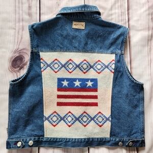 Pendleton Vintage Denim Vest Wool Blanket USA Flag Red White | Women's Size XL